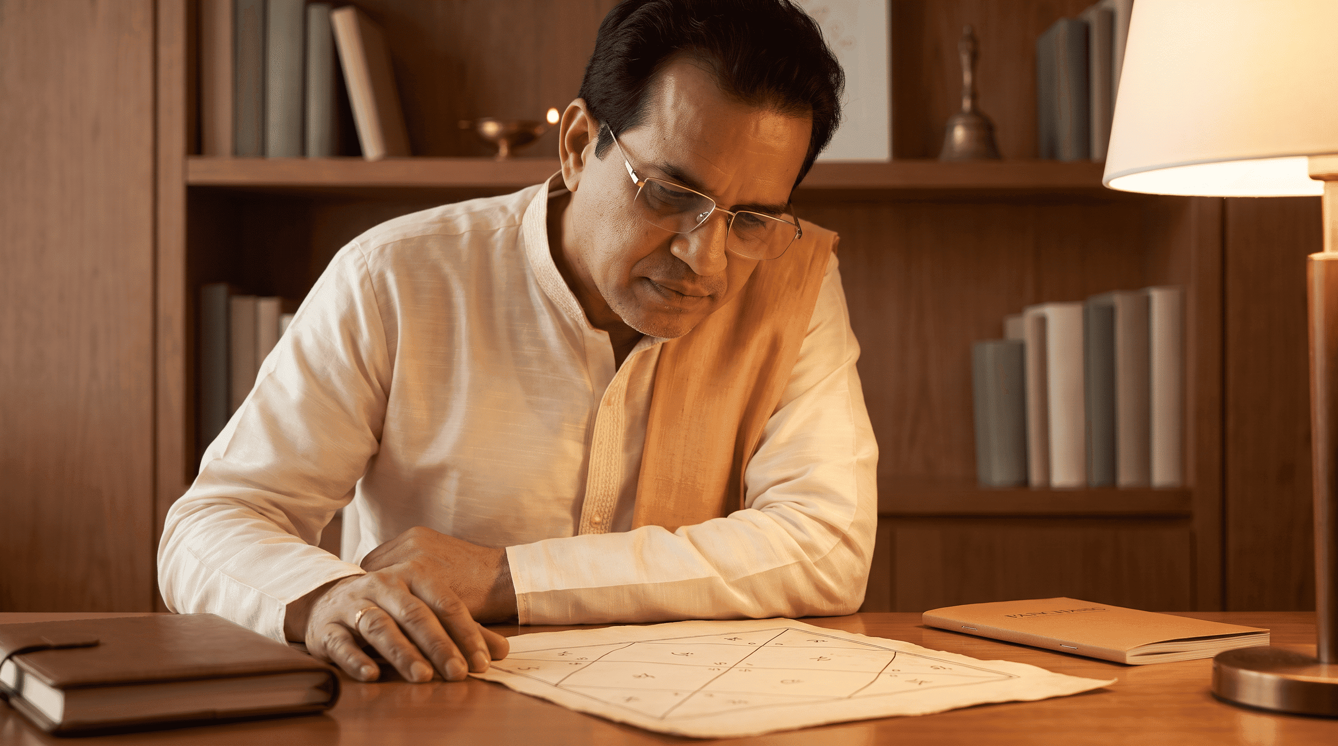 Rajeev Prakash Agarwal studying a birth chart at his desk
