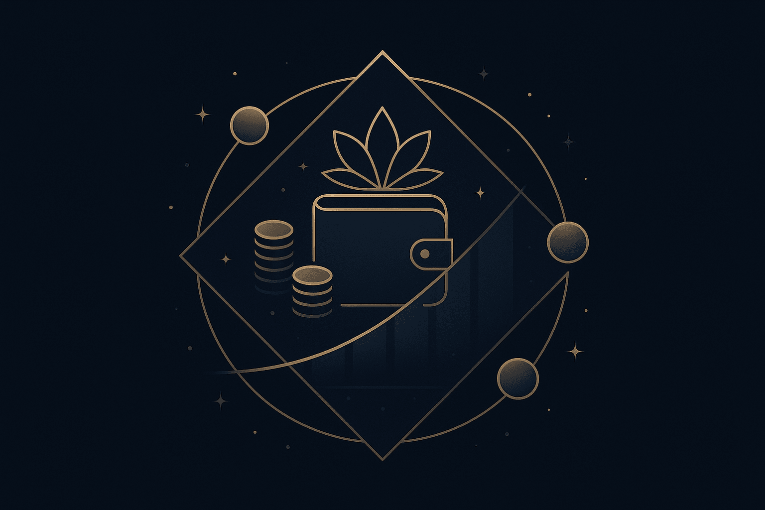 Stylized coins, constellations, and charts