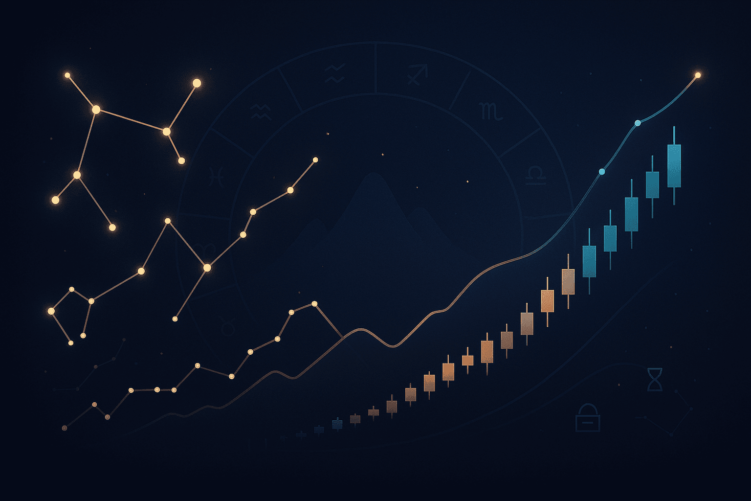 Celestial motif over a price chart